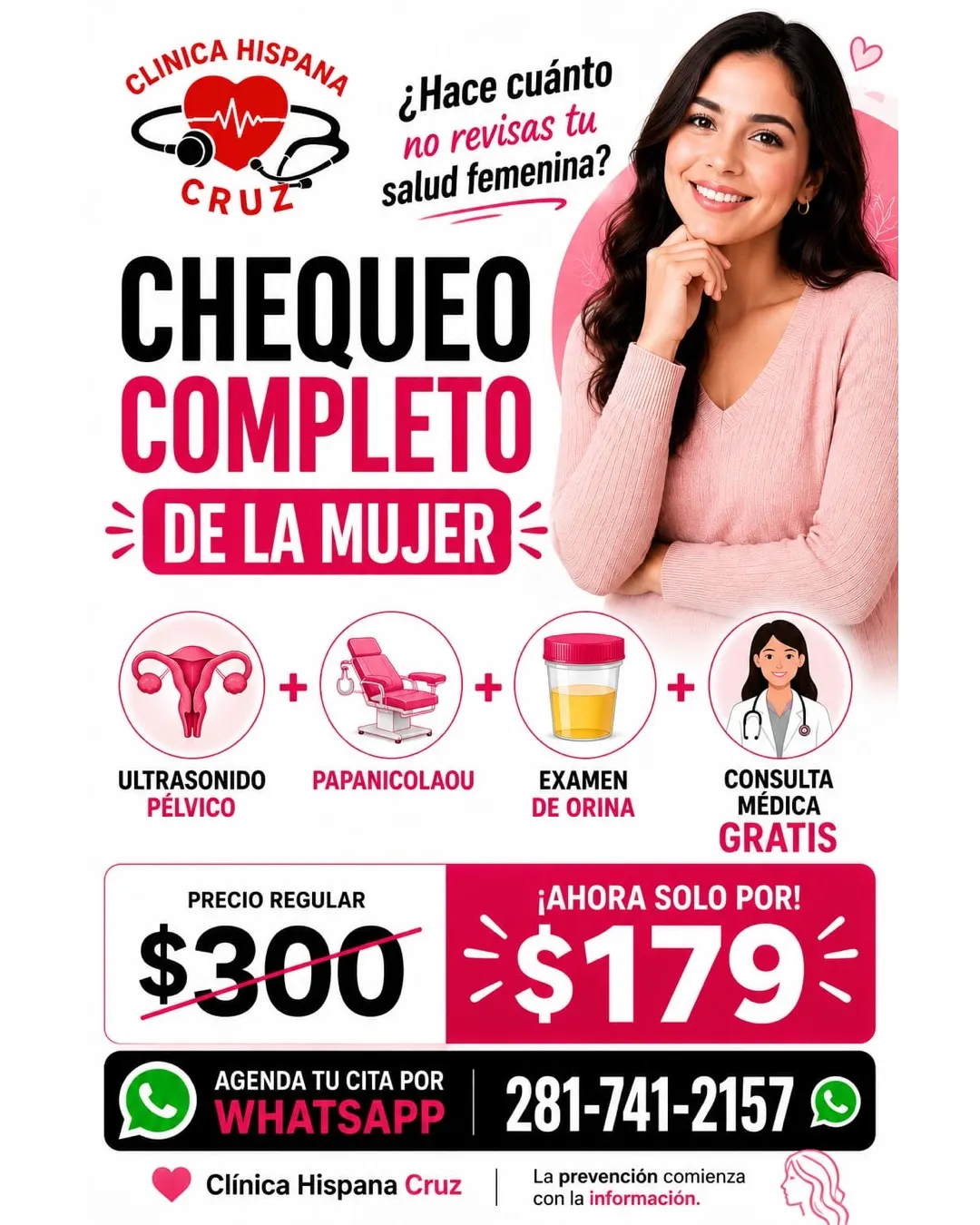 Promoción de chequeo completo de la mujer por $179 con ultrasonido pélvico, Papanicolaou y examen de orina en Clínica Hispana Cruz Houston
