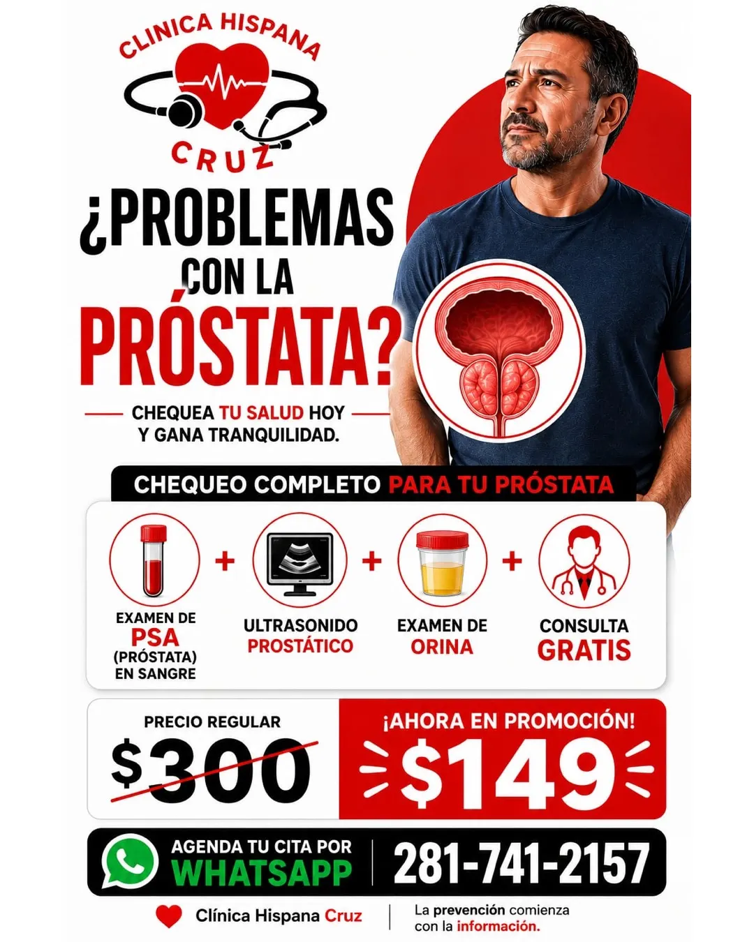 Promoción de chequeo completo de próstata por $149 con PSA, ultrasonido prostático y examen de orina en Clínica Hispana Cruz Houston