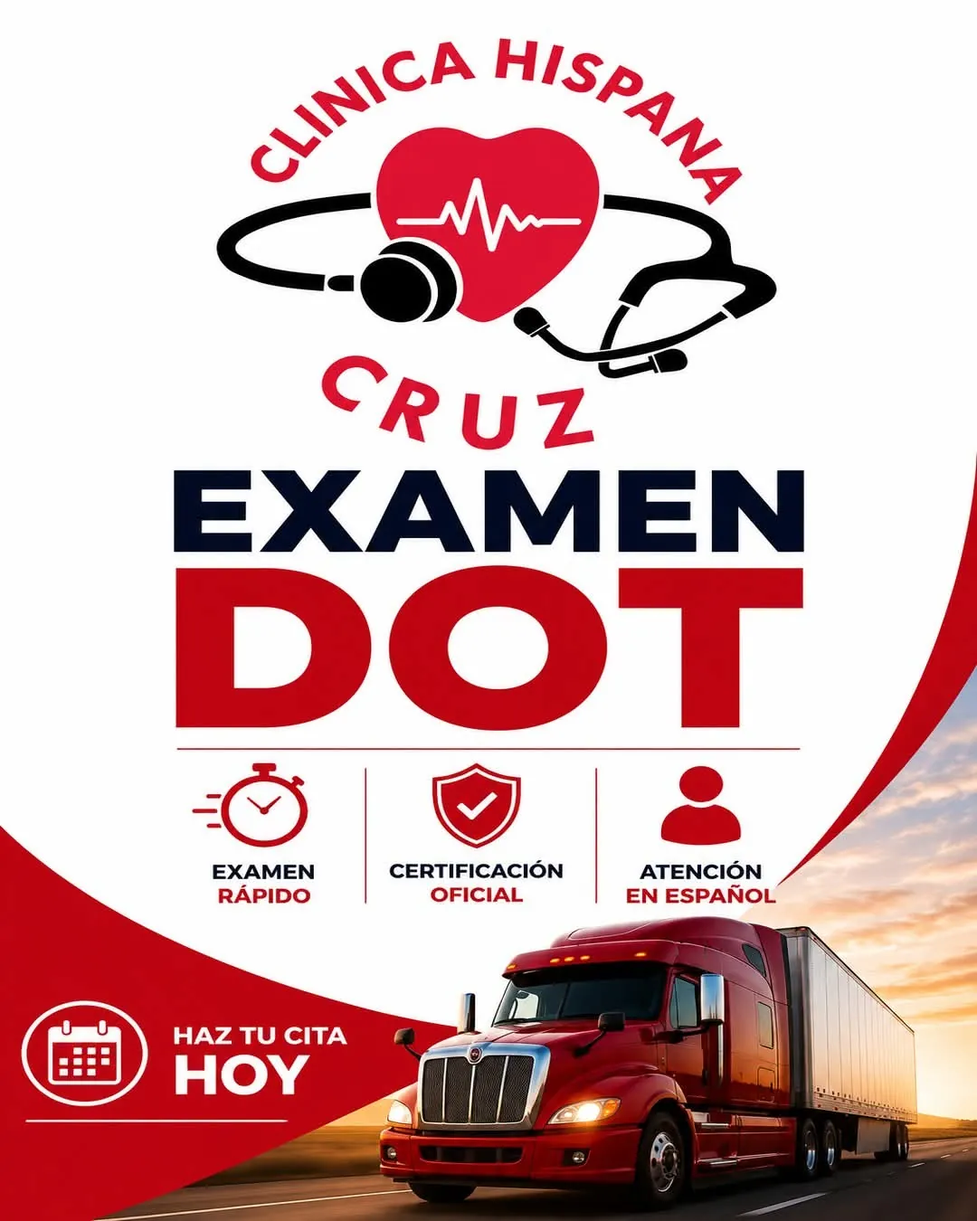 Promoción de examen médico DOT para conductores comerciales con certificación oficial en Clínica Hispana Cruz Houston