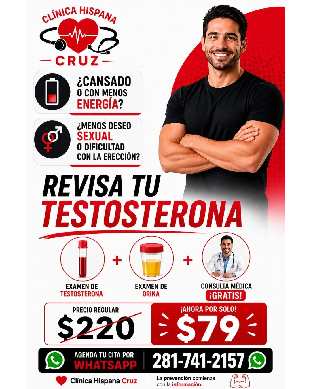Promoción de examen de testosterona por $79 con examen de orina y consulta médica gratis en Clínica Hispana Cruz Houston