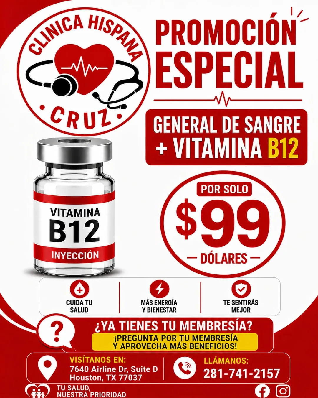 Promoción de examen general de sangre más inyección de Vitamina B12 por $99 en Clínica Hispana Cruz Houston