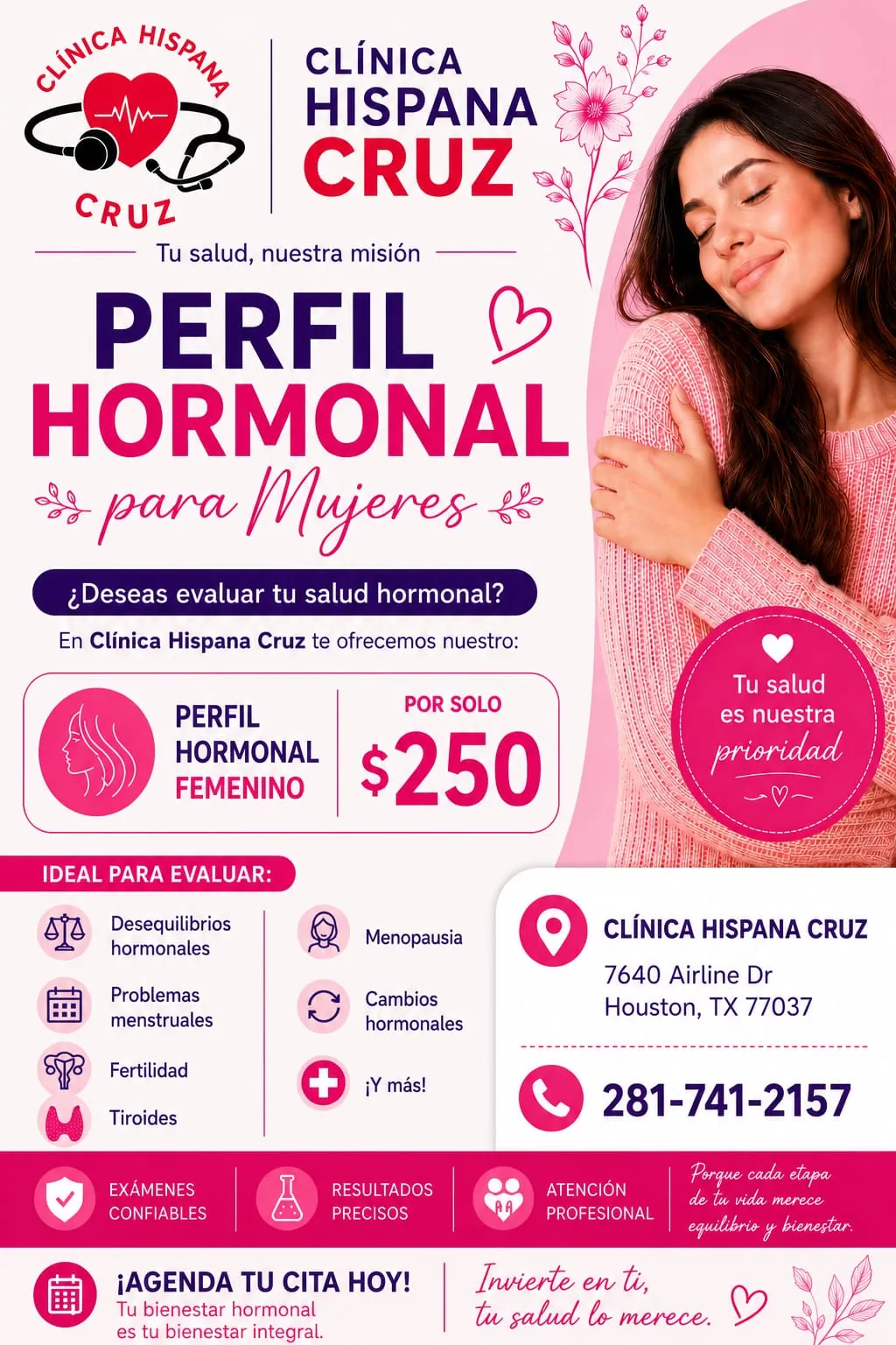 Promoción de perfil hormonal femenino por $250 en Clínica Hispana Cruz Houston