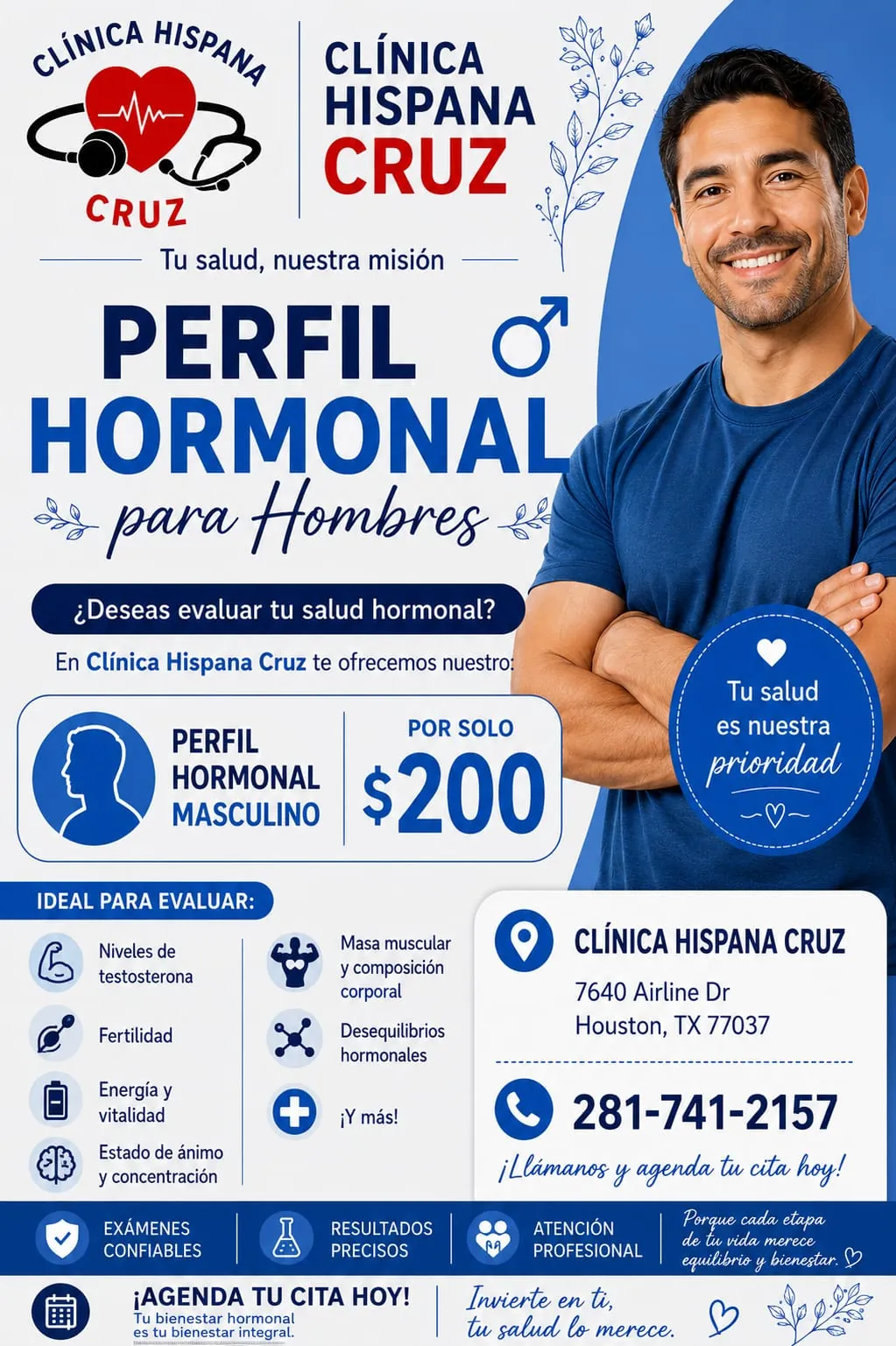 Promoción de perfil hormonal masculino por $200 en Clínica Hispana Cruz Houston