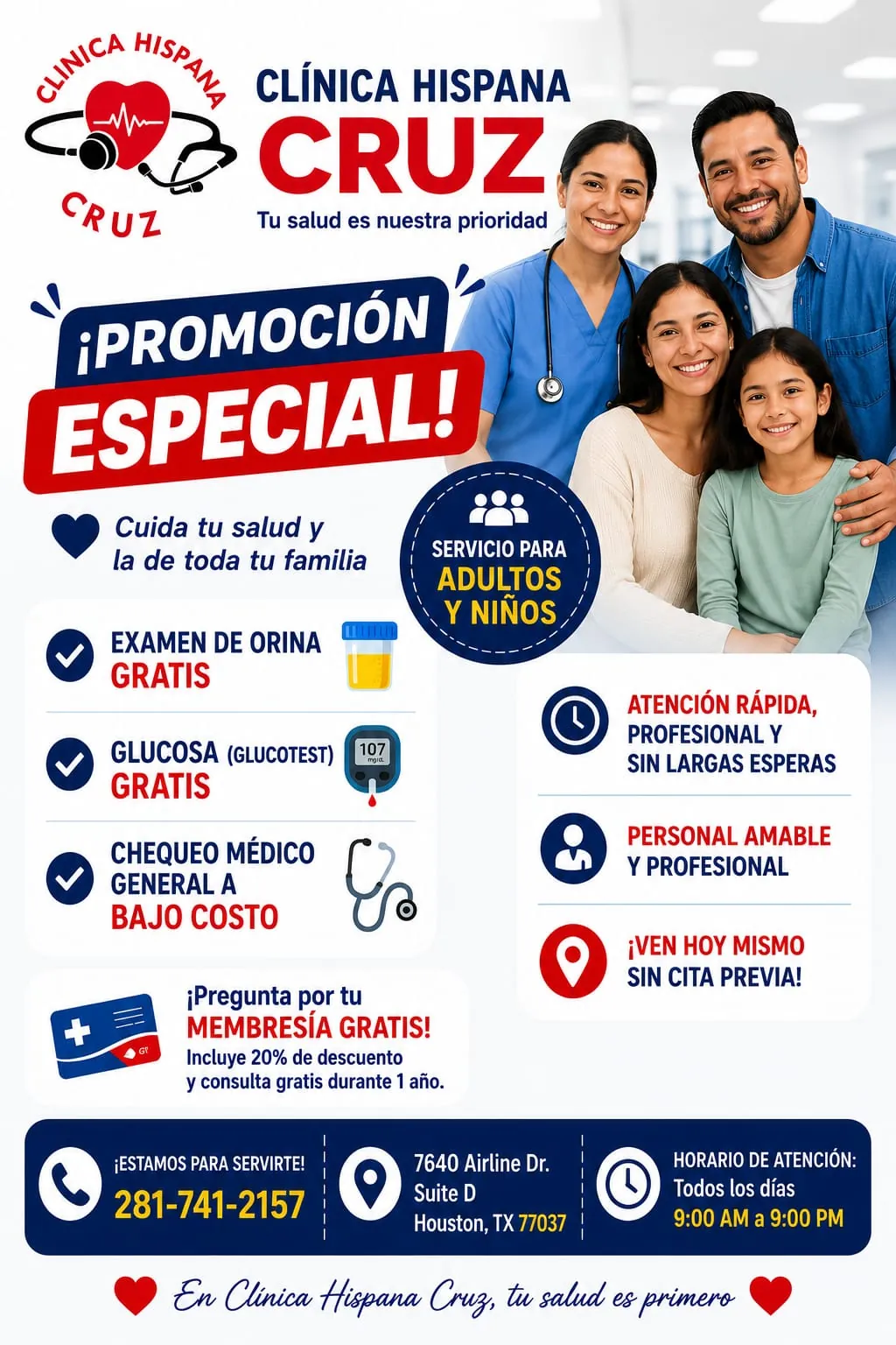 Promoción especial familiar con examen de orina y glucosa gratis y chequeo médico a bajo costo en Clínica Hispana Cruz Houston