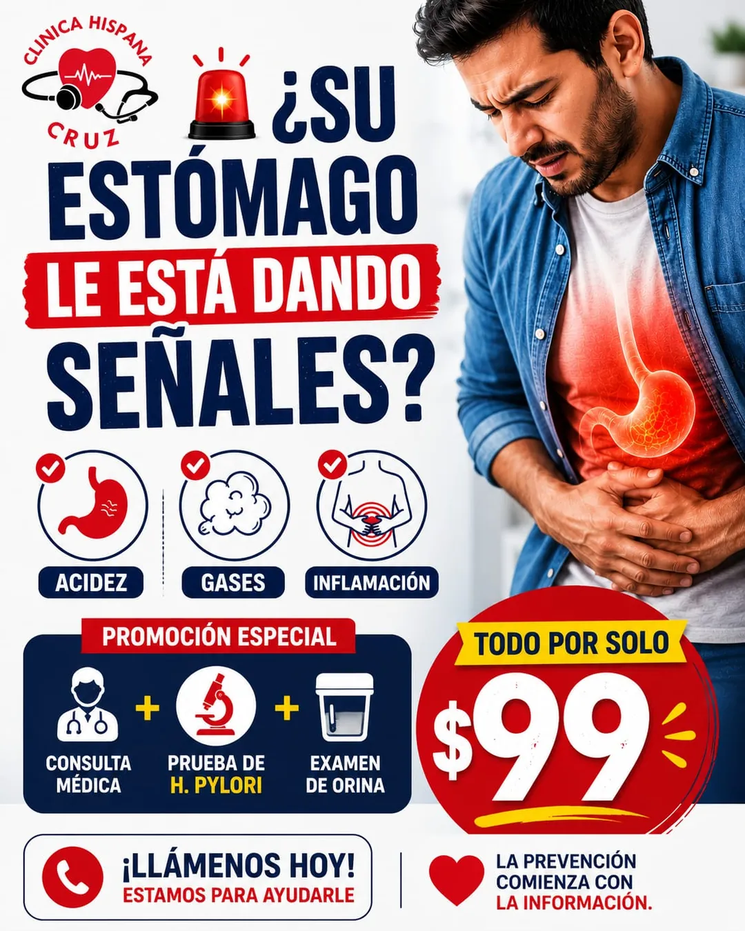 Promoción de paquete de salud estomacal por $99 con consulta médica, prueba de H. Pylori y examen de orina en Clínica Hispana Cruz Houston
