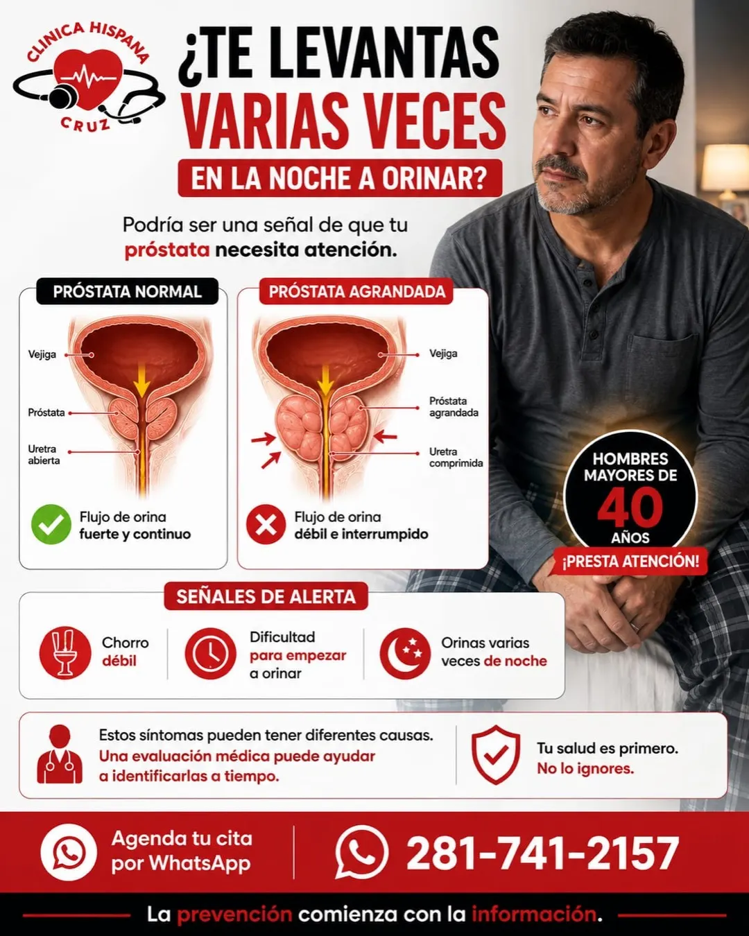 Señales de alerta de próstata agrandada como chorro débil y levantarse de noche a orinar, información de Clínica Hispana Cruz Houston