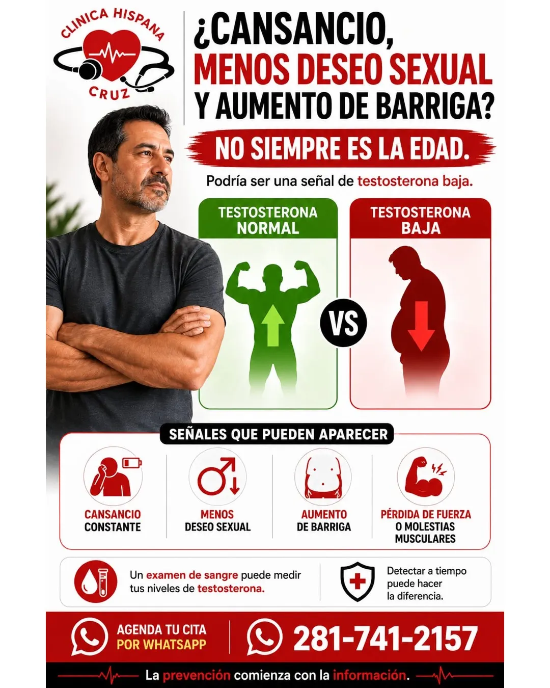 Señales de testosterona baja como cansancio, menos deseo sexual y aumento de barriga, información de Clínica Hispana Cruz Houston