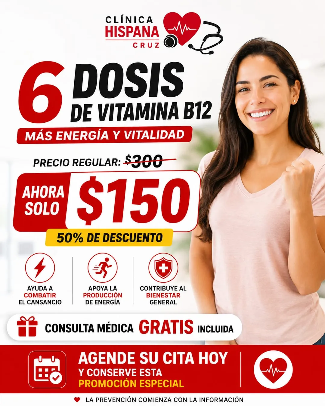 Promoción de 6 dosis de Vitamina B12 por $150 con consulta médica gratis en Clínica Hispana Cruz Houston